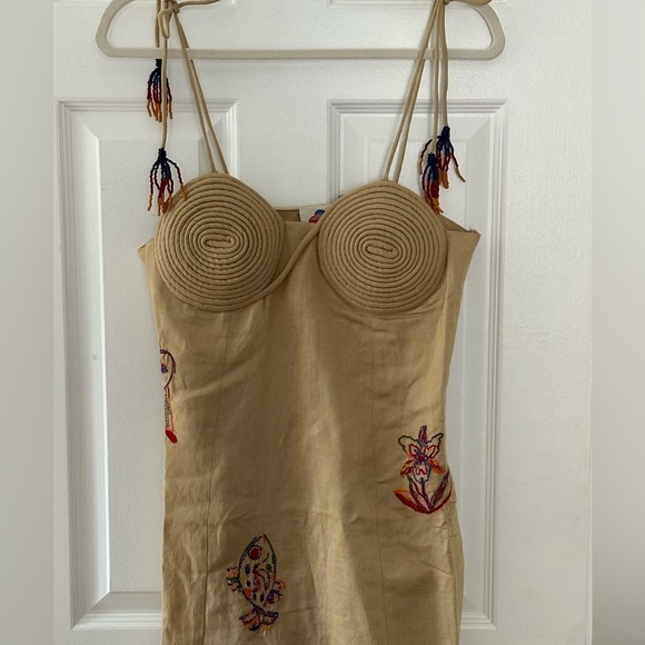 FARM Rio x Anthropologie Tan Embroidered Linen Blend Midi Dress NEW small - Picture 8 of 15